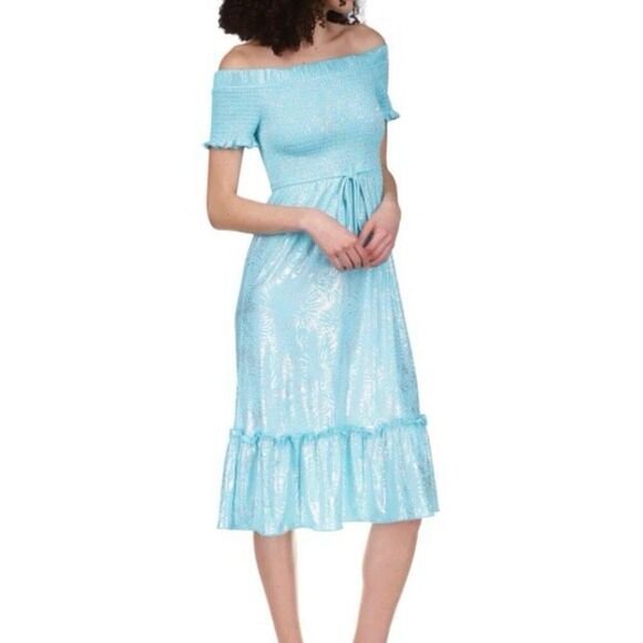 Michael Michael Kors Womens Turquoise Smocked Ruffled Drawstring Waist Dress S - Picture 1 of 10